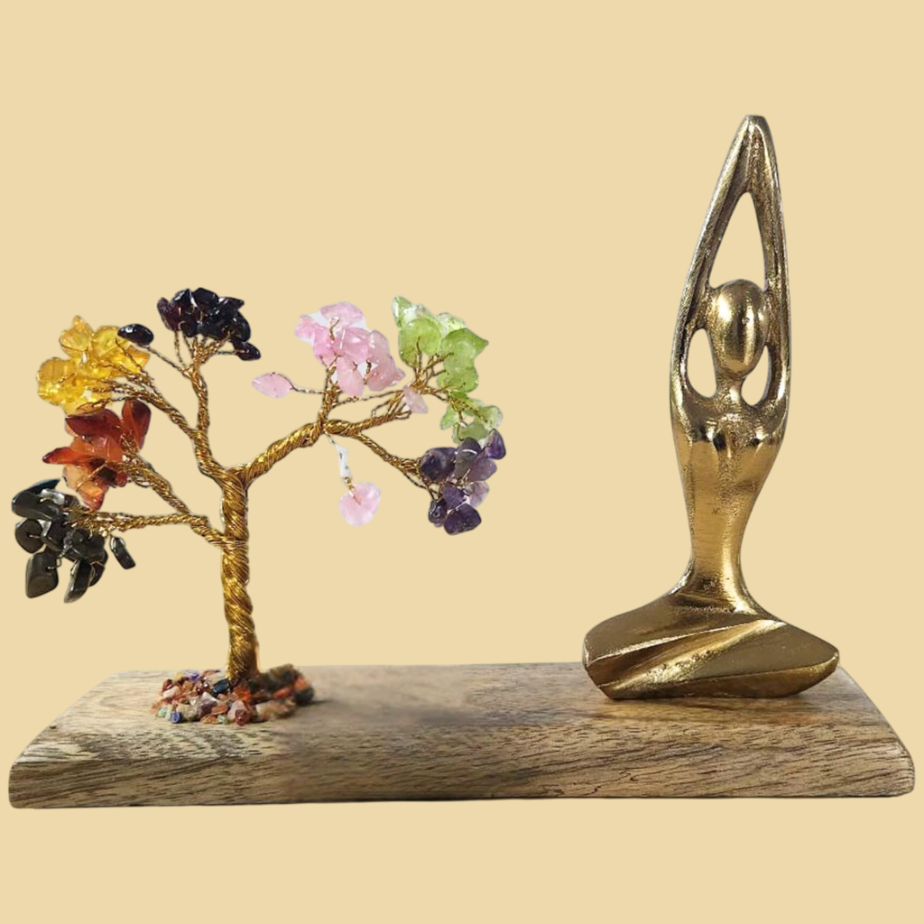 Crystal Tree of Life 7 Chakra Healing Crystal Trees with Golden Yoga Figurine & Natural Wooden Base Handmade Gemstone
