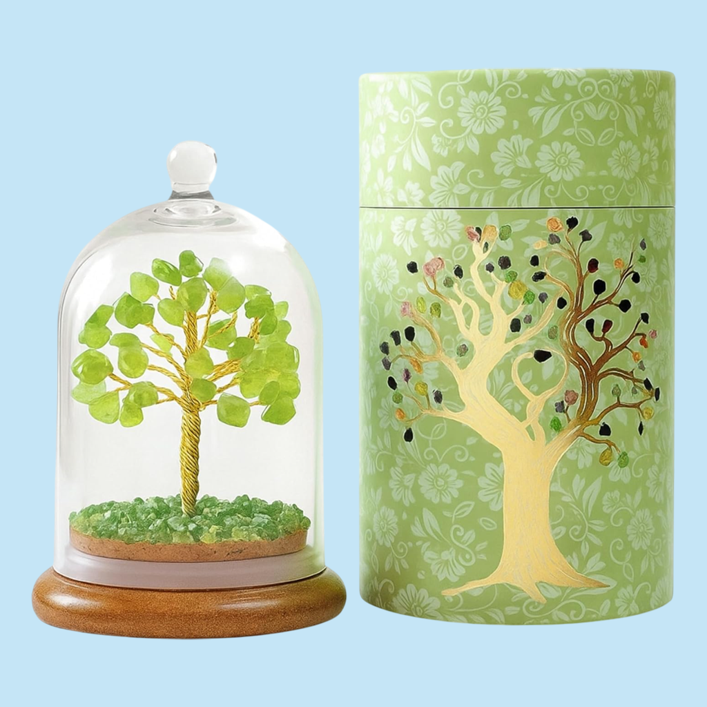 Handmade Peridot Crystal Tree in Glass Dome